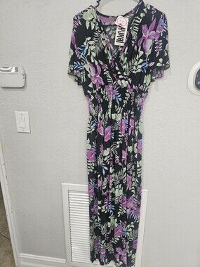 Fuyukai Tropical Floral Maxi Dress Black Purple Green L/XL